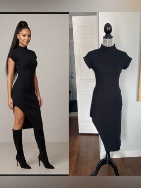 Tahari Turtle Neck Wool Blend Tie Waist Midi Dress With Slit. Small. Black